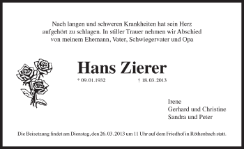 Traueranzeige von Hans Zierer von Pegnitz-Zeitung